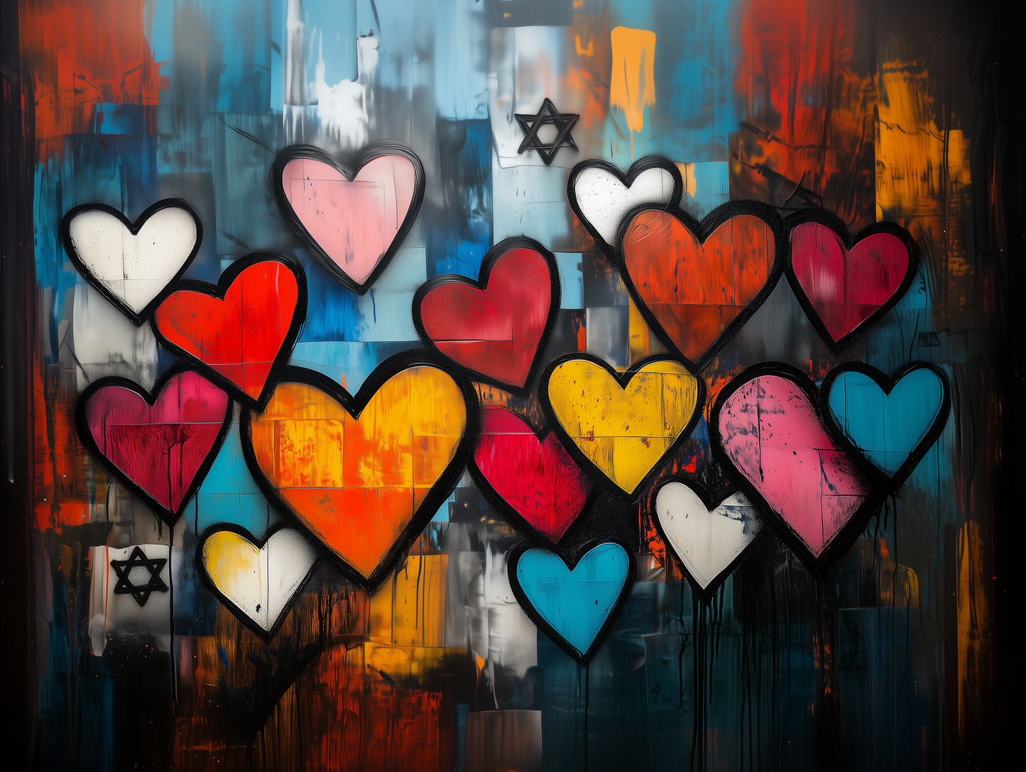 Canvas print artwork by Beraishis of colorful hearts and jewish stars