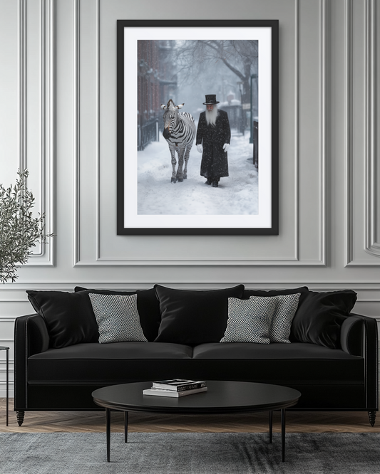 A thought-provoking black and white Jewish art piece of a rabbi and zebra in Brooklyn.