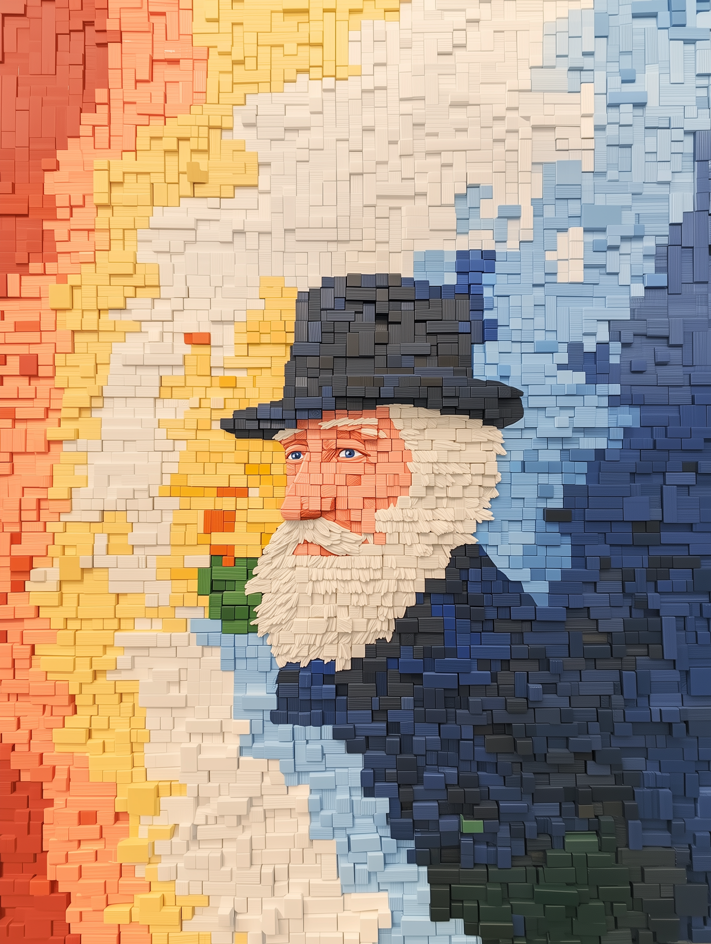 A striking digital art piece of a rabbi created with geometric blocks, blending modern Jewish art with abstract design.