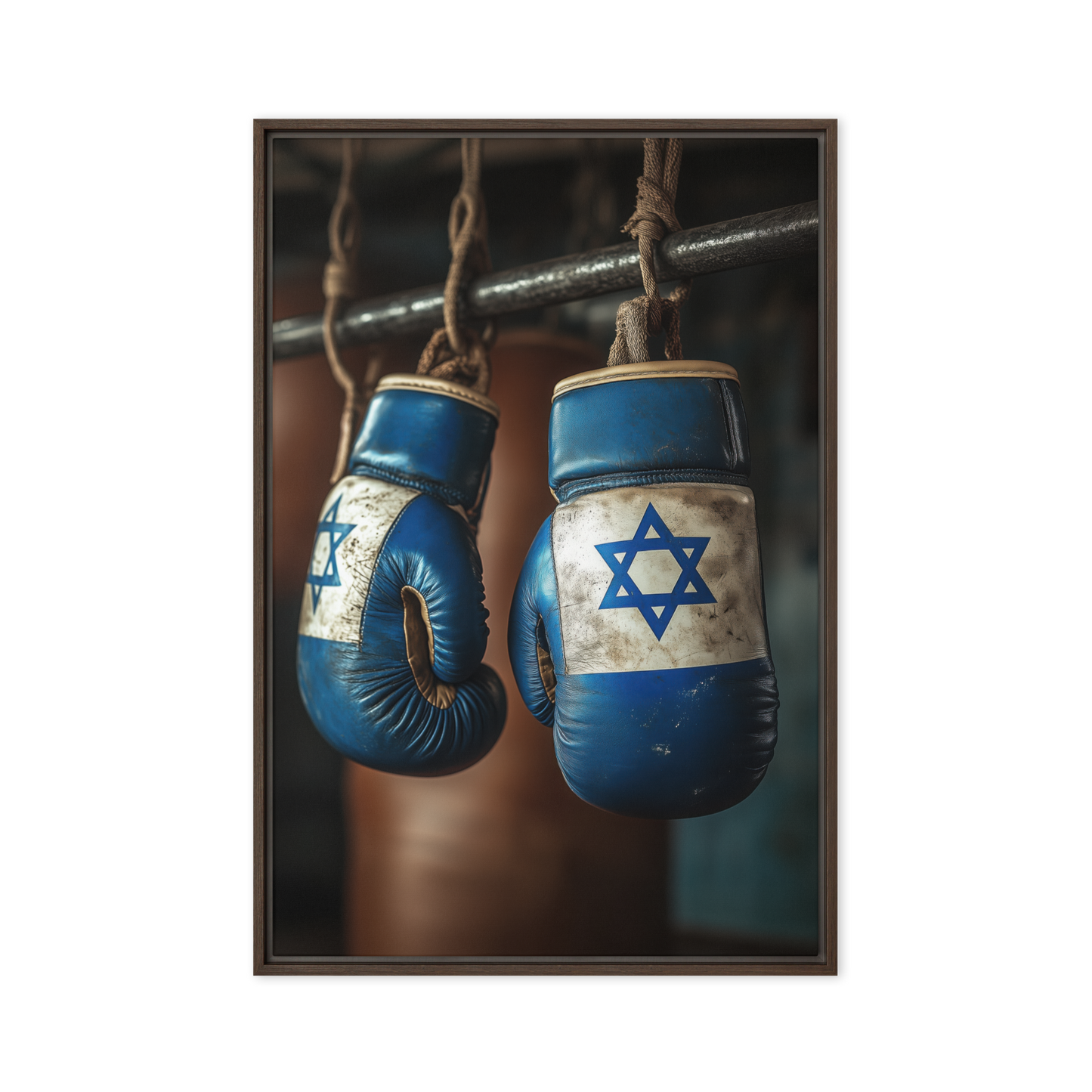 A striking Jewish artwork titled "Fists of Faith," featuring boxing gloves wrapped in a Jewish star, symbolizing strength and courage.