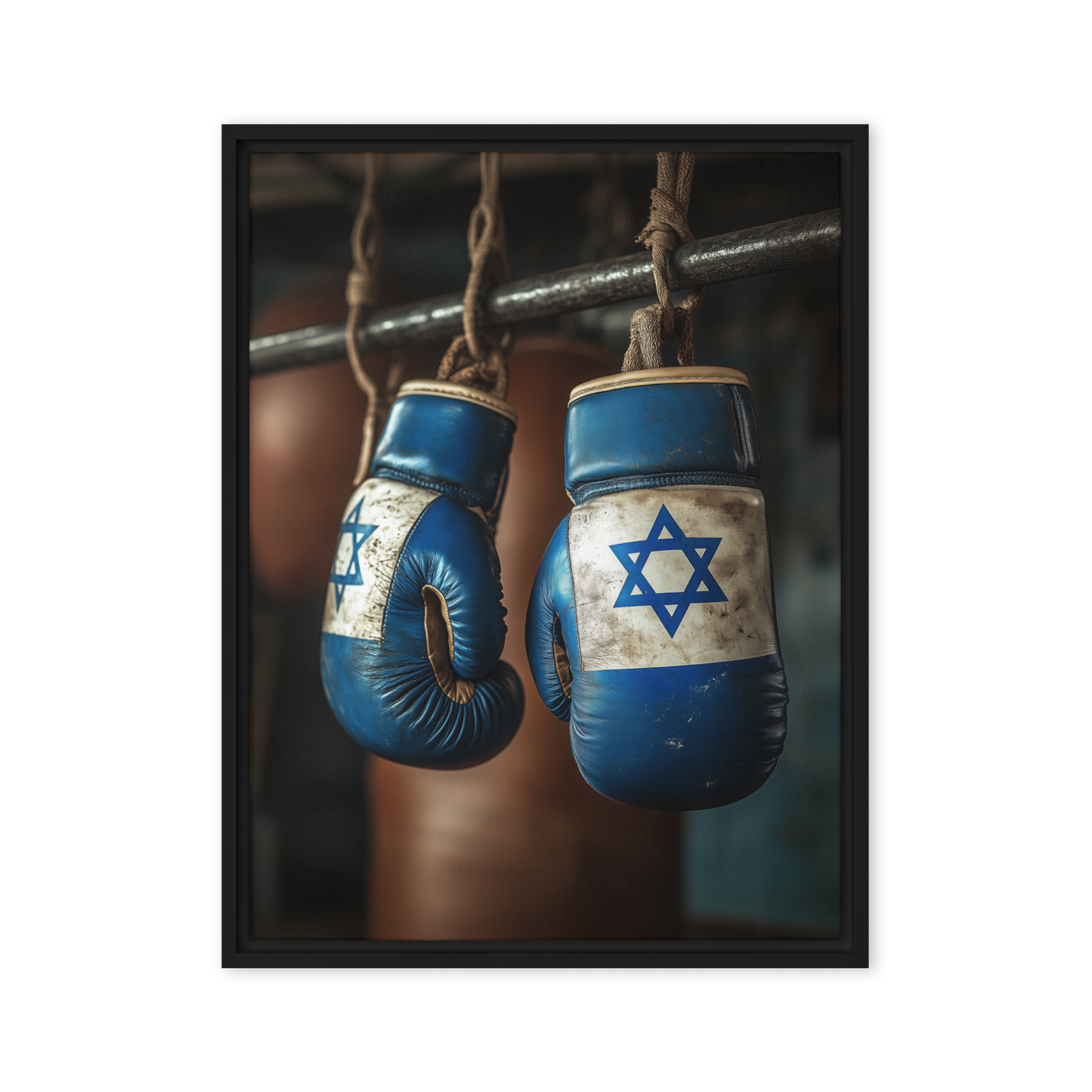 A striking fusion of boxing and faith, with gloves wrapped in the symbol of Jewish perseverance.