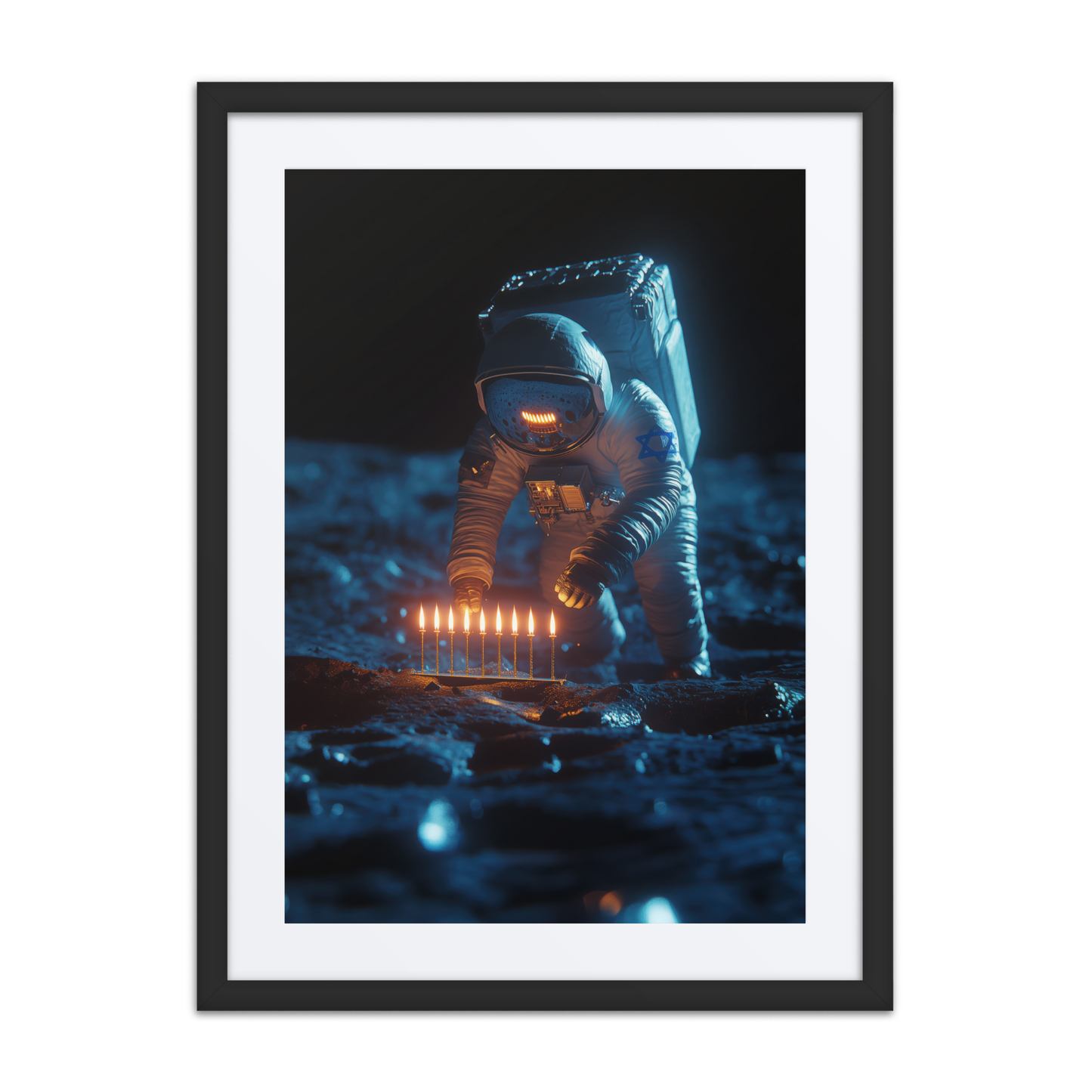 Menorah on the moon digital art print by Beraishis, chanukah artwork.
