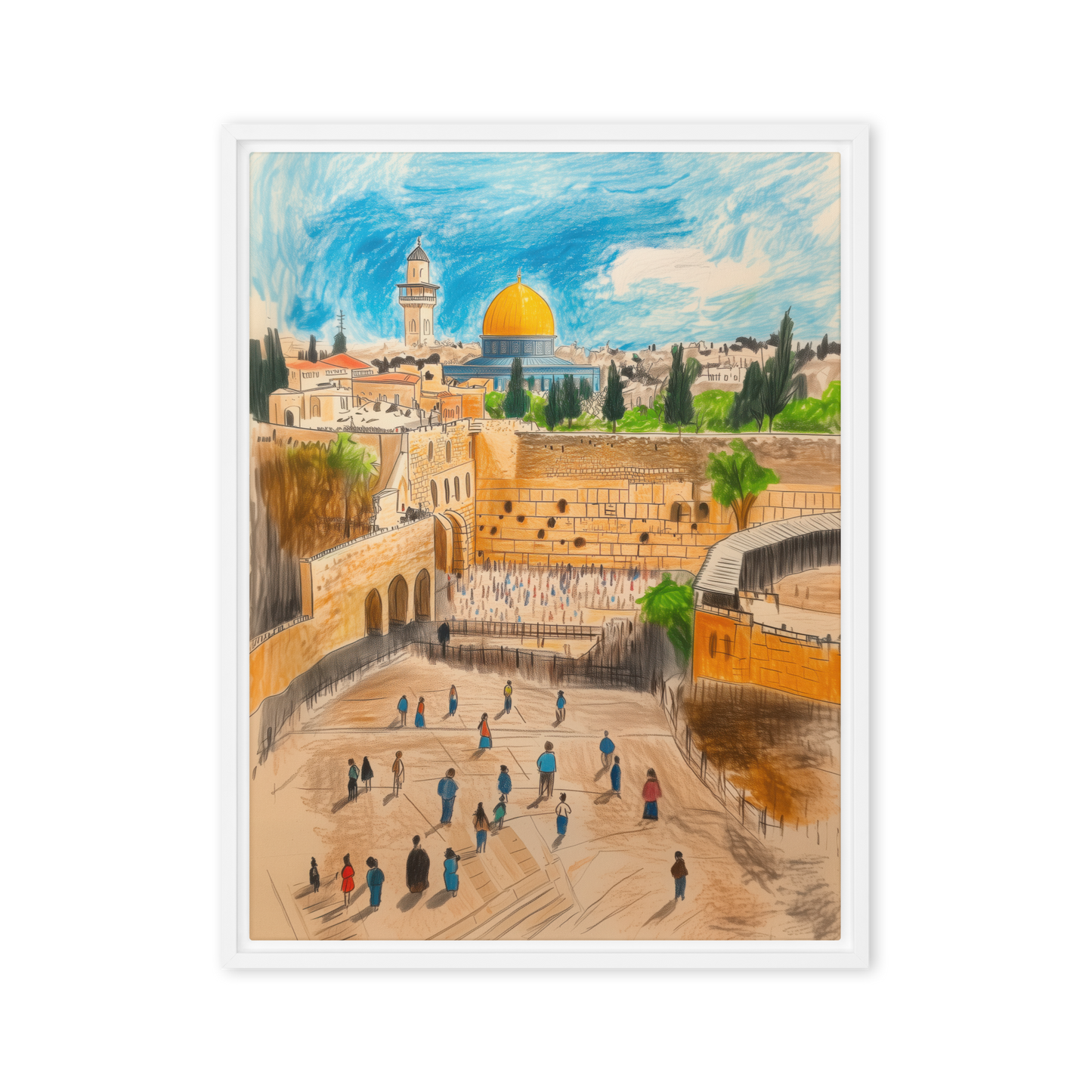 Modern artwork crayon illustration of the kotel in Israel.