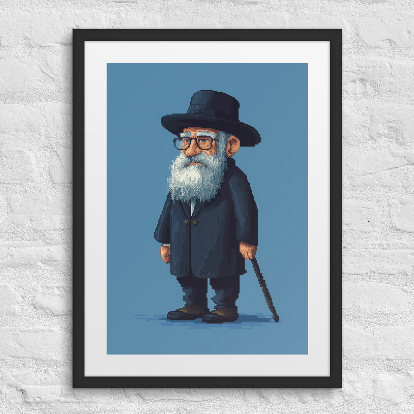 Pixel Posek is a digital ode to wisdom, reimagined in a pixelated world. With his dignified stance, flowing white beard, and steady cane, this sage-like figure carries a quiet depth. The crisp pixel art gives a retro charm, blending old-school aesthetics with a fresh, modern edge. Whether you're a gamer, an art lover, or just someone who appreciates a good shtick, this piece brings a unique, lighthearted take on Jewish culture.