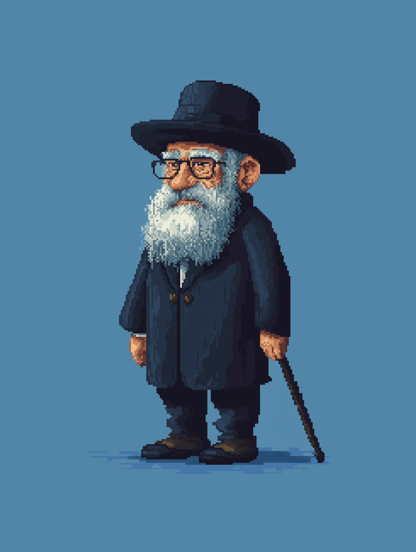 Artwork featuring a digital illustration of a jewish rabbi in pixelated format.