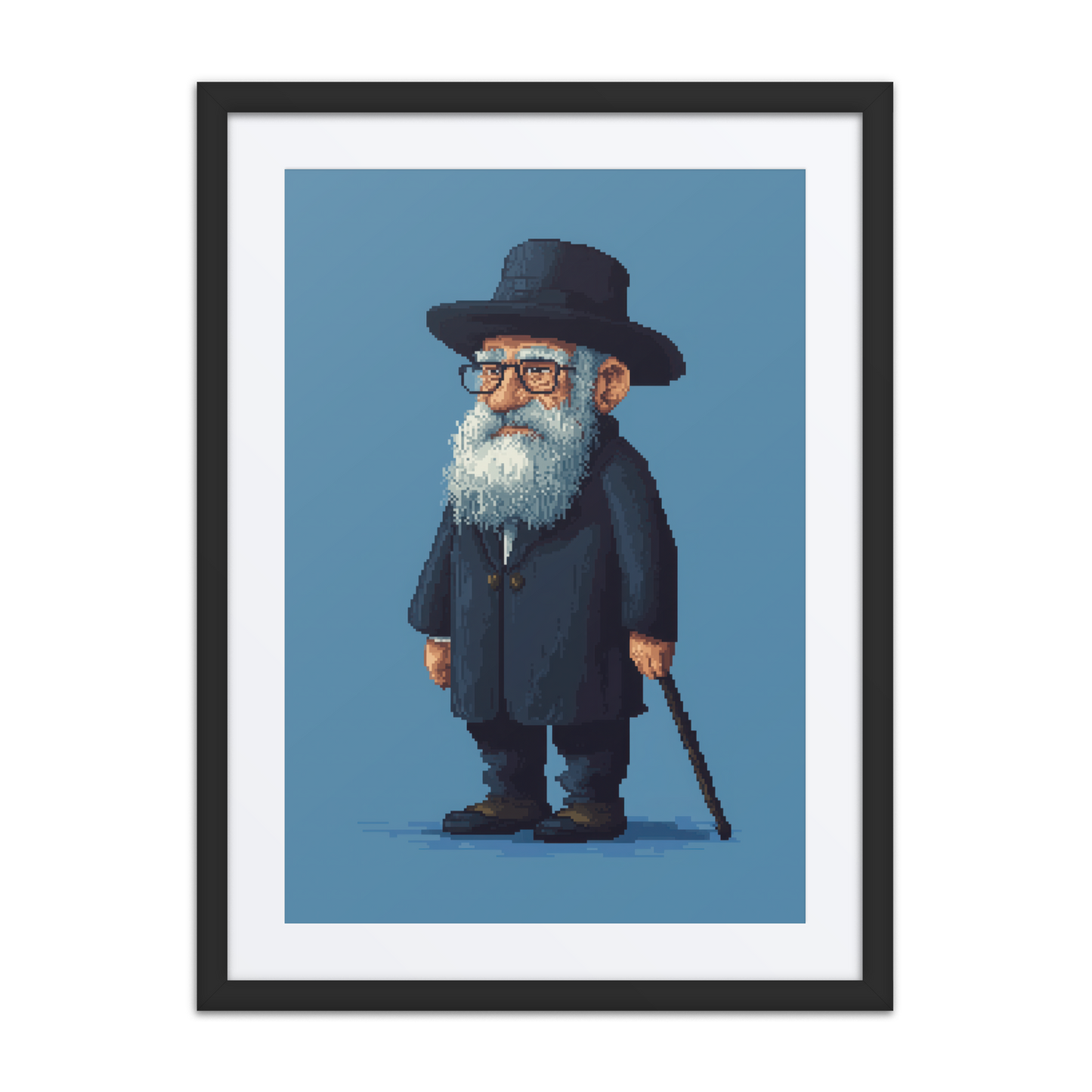 Artwork featuring a digital illustration of a jewish rabbi in pixelated format.