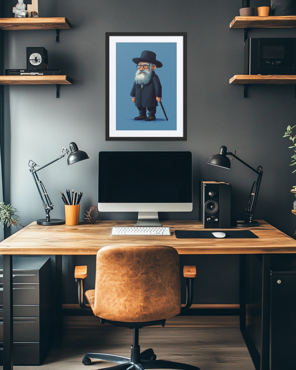 Jewish artwork in a minimal home office.