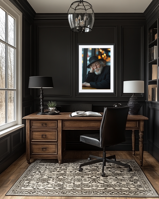 A modern jewish art print of a rabbi dozing off. Great for a home office setting.