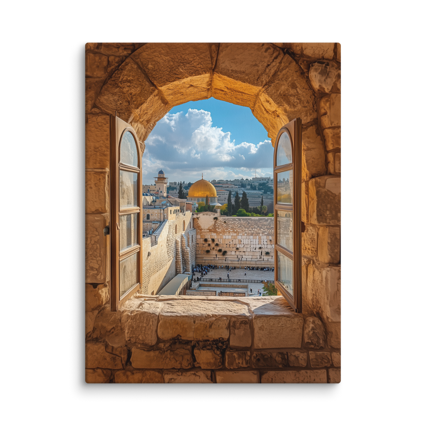 An evocative piece portraying a historic Jerusalem window that opens to the sacred view of the Western Wall.