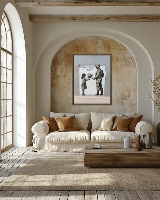 A Banksy-inspired piece showing a young girl presenting flowers to an Israeli soldier, reflecting the duality of chesed and gevurah.