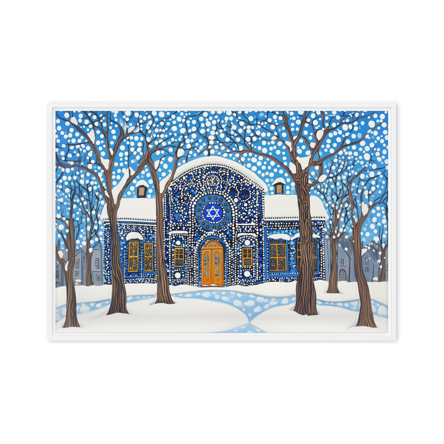 A contemporary art piece by Beraishis featuring a beautiful shul in a magical winter setting.