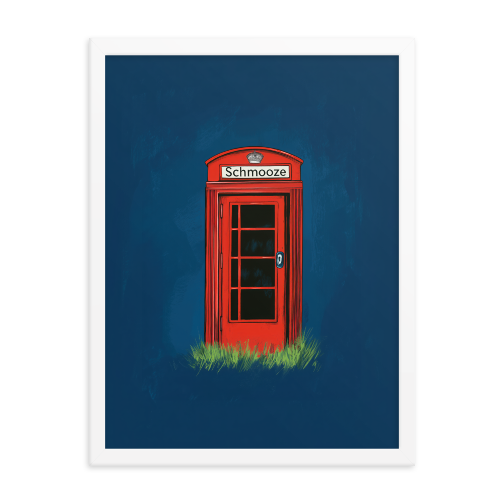 Jewish fun artwork by Beraishis of a red phone booth with the word "Schmooze"