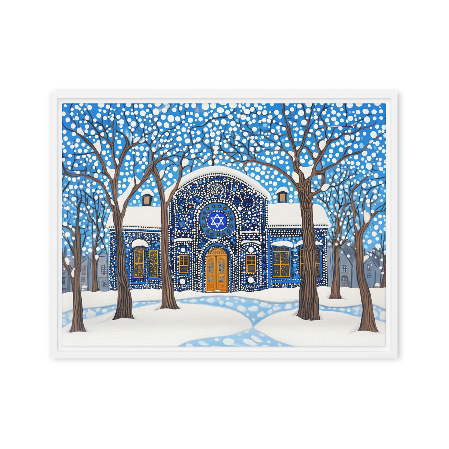 A beautiful old shul in the snowy winter. Artwork by Beraishis.