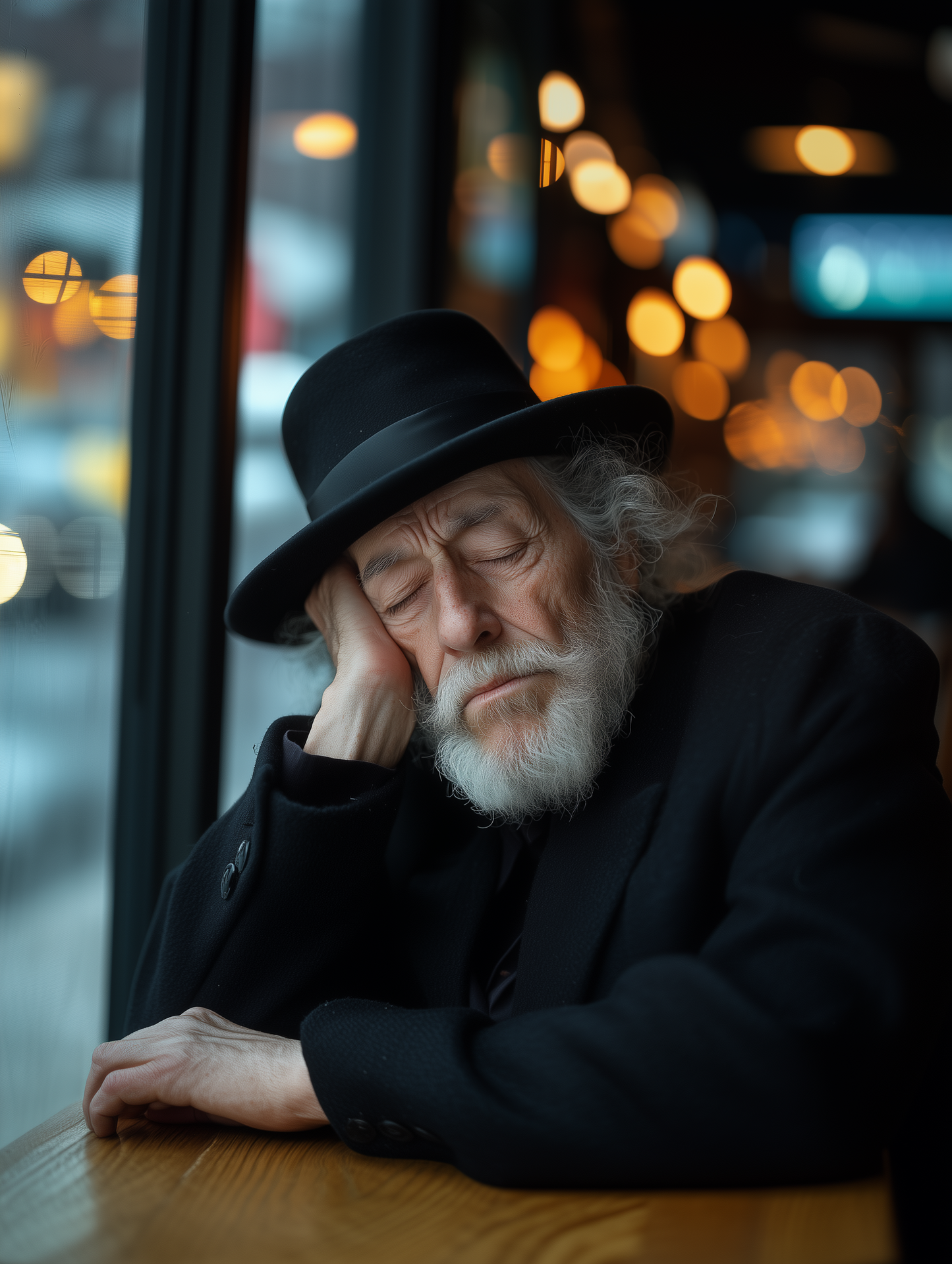 A rabbi sleeping in a coffee shop in Brooklyn. Digital artwork by Beraishis.