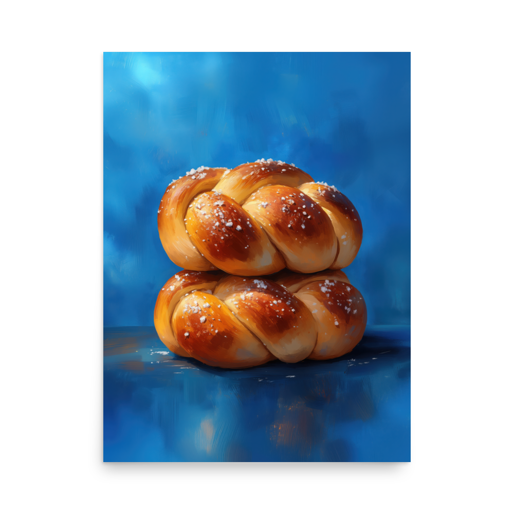 A rich and detailed Jewish art piece featuring two challahs, evoking the warmth and spirituality of Shabbat.