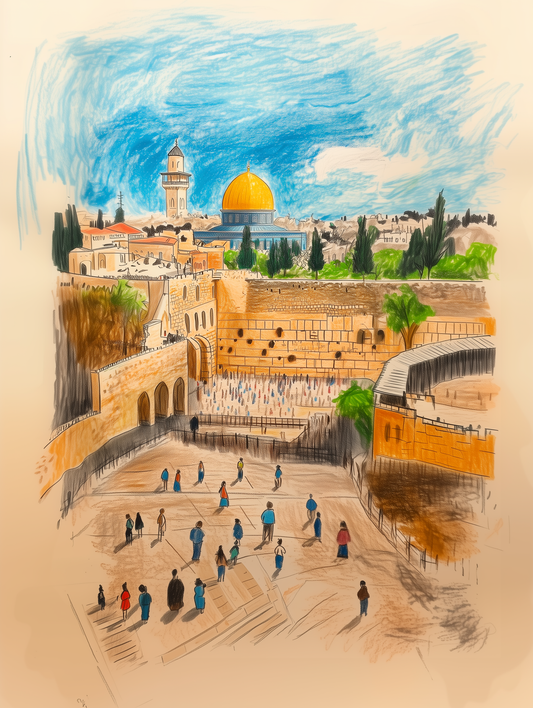 A joyful depiction of the Kotel, drawn with bright crayon strokes, bringing the Western Wall to life with energy and spiritual significance.