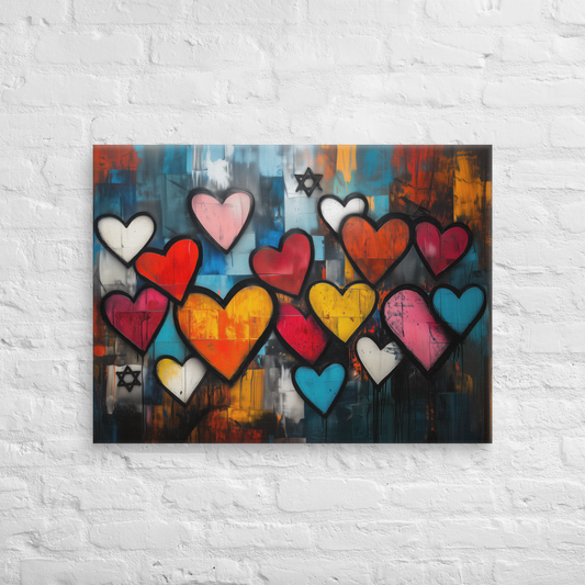 Fun colorful jewish artwork with hearts and star.