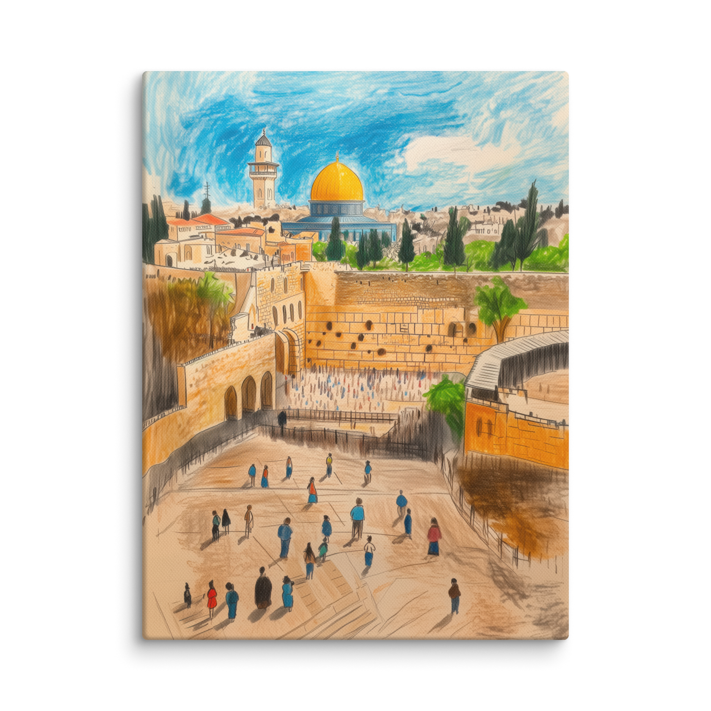 A joyful, crayon-style depiction of the Kotel, capturing the sacred moments and vibrant energy of this holy site.
