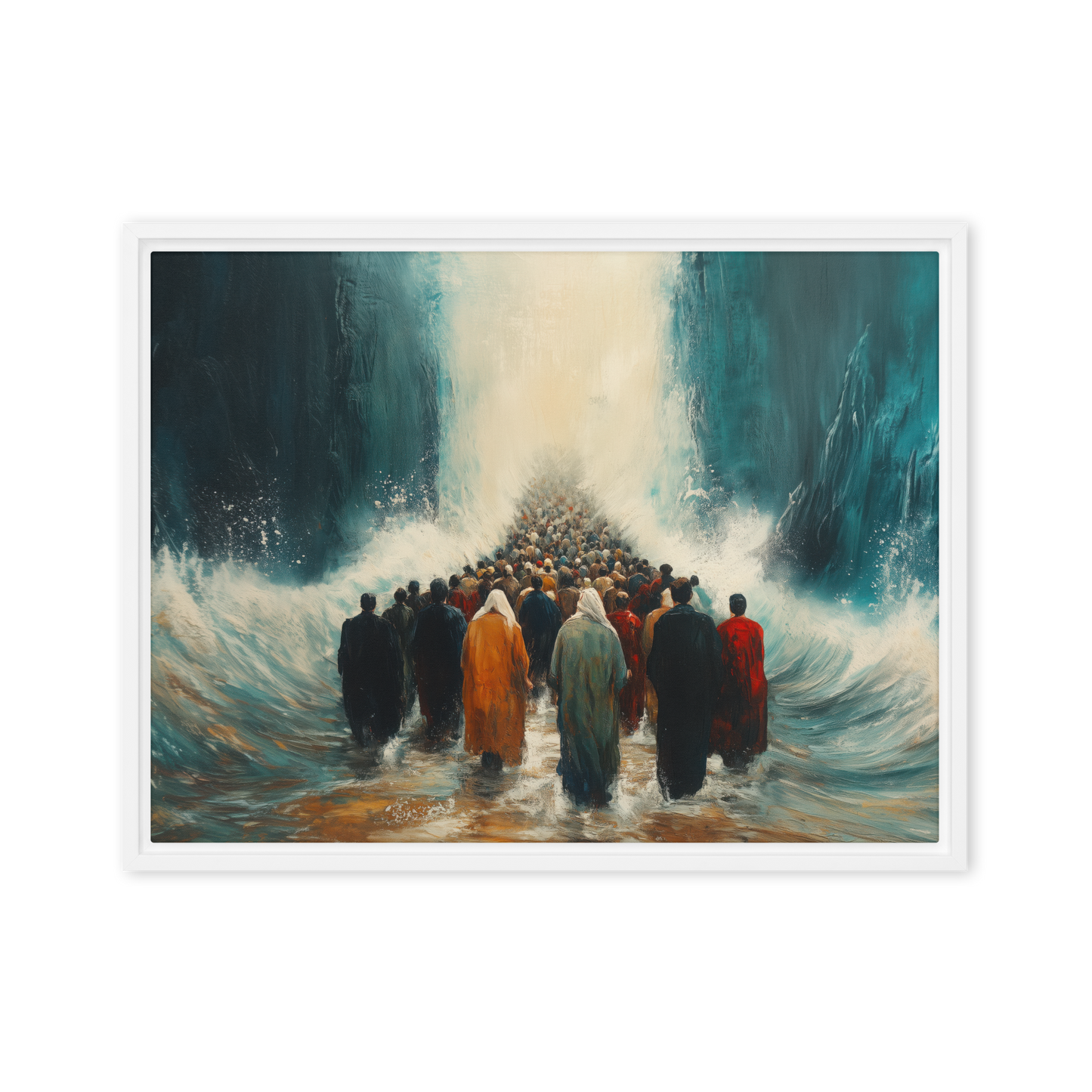 An evocative painting capturing the moment of Jewish resilience and faith as they walk through the parted sea, guided by divine strength.
