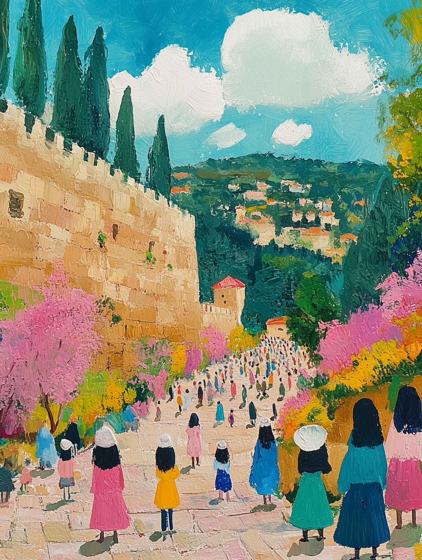 A stunning watercolor style digital painting titled "Daughters of Jerusalem," featuring Jewish women in the heart of Jerusalem.