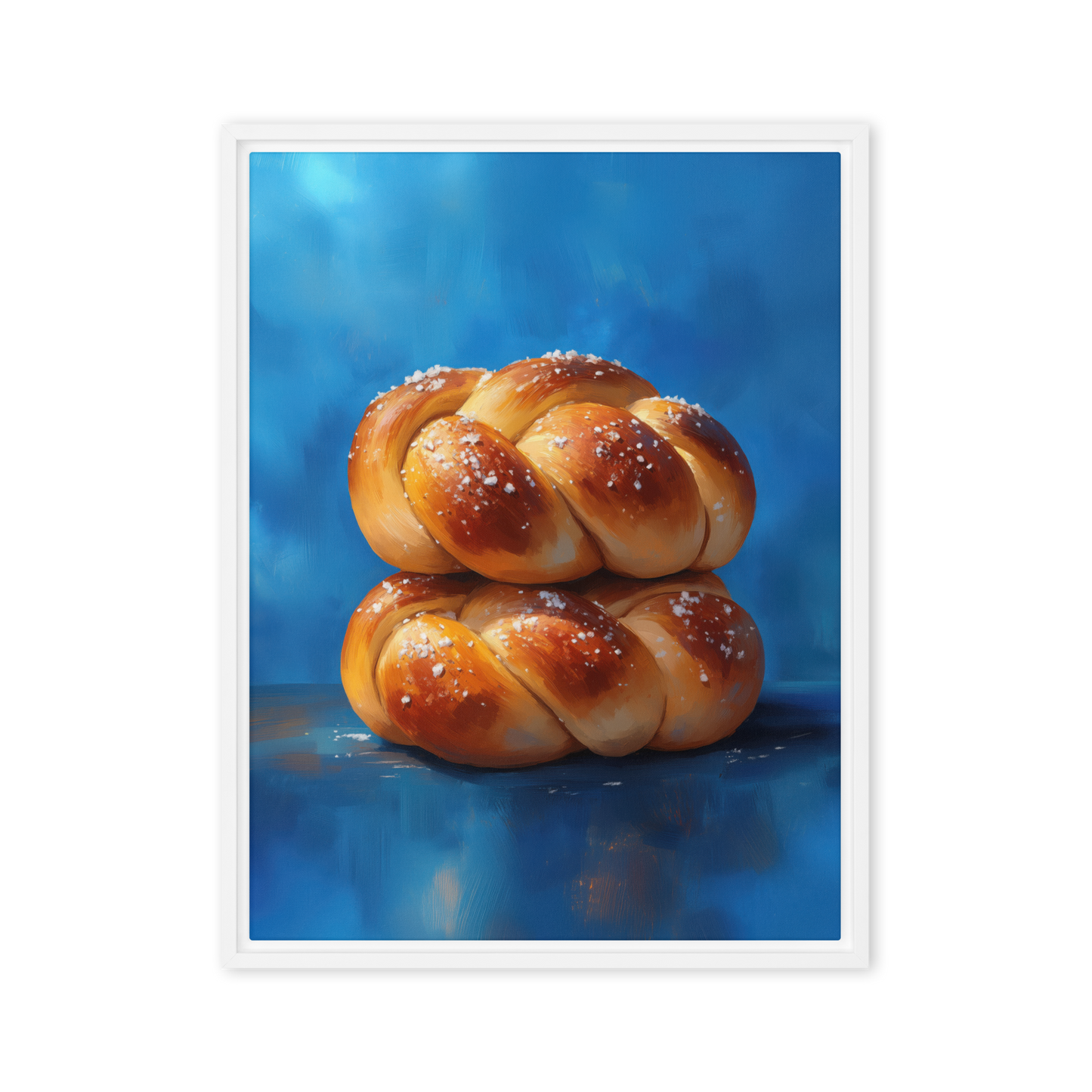 A striking Jewish art print titled "Double Portion," celebrating the tradition of two challahs on the Shabbat table.
