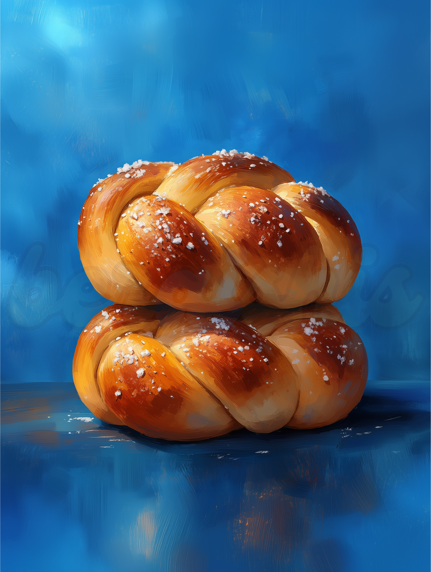 A beautiful Jewish art print titled "Double Portion," featuring two golden challahs, symbolizing Shabbat abundance and blessing.