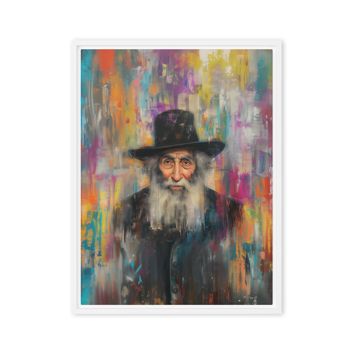 A captivating Jewish portrait painting of a rabbi, infused with bold colors, expressive textures, and a deep spiritual aura.
