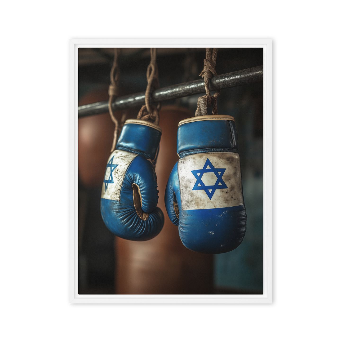 A dynamic Jewish art print featuring boxing gloves wrapped with a Star of David, symbolizing Jewish strength and resilience.