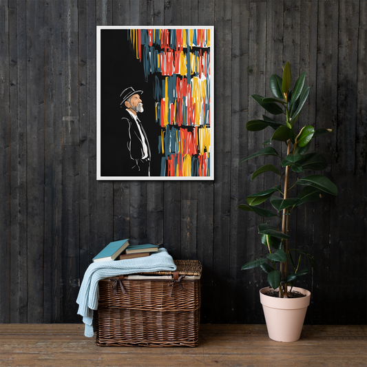 A jewish art piece of a rabbi in his study.