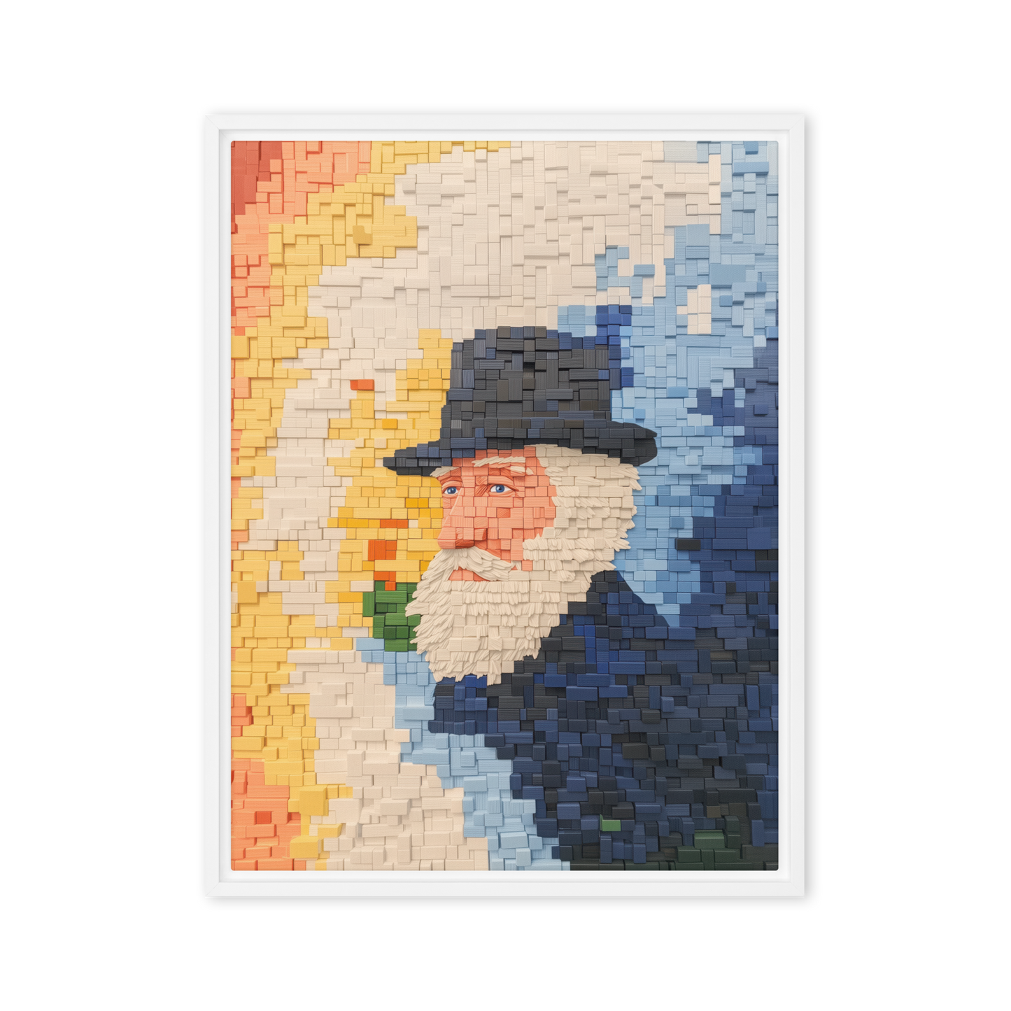 A visually striking Jewish art print of a Hassidic rabbi, created with digital blocks in a modern, abstract style.