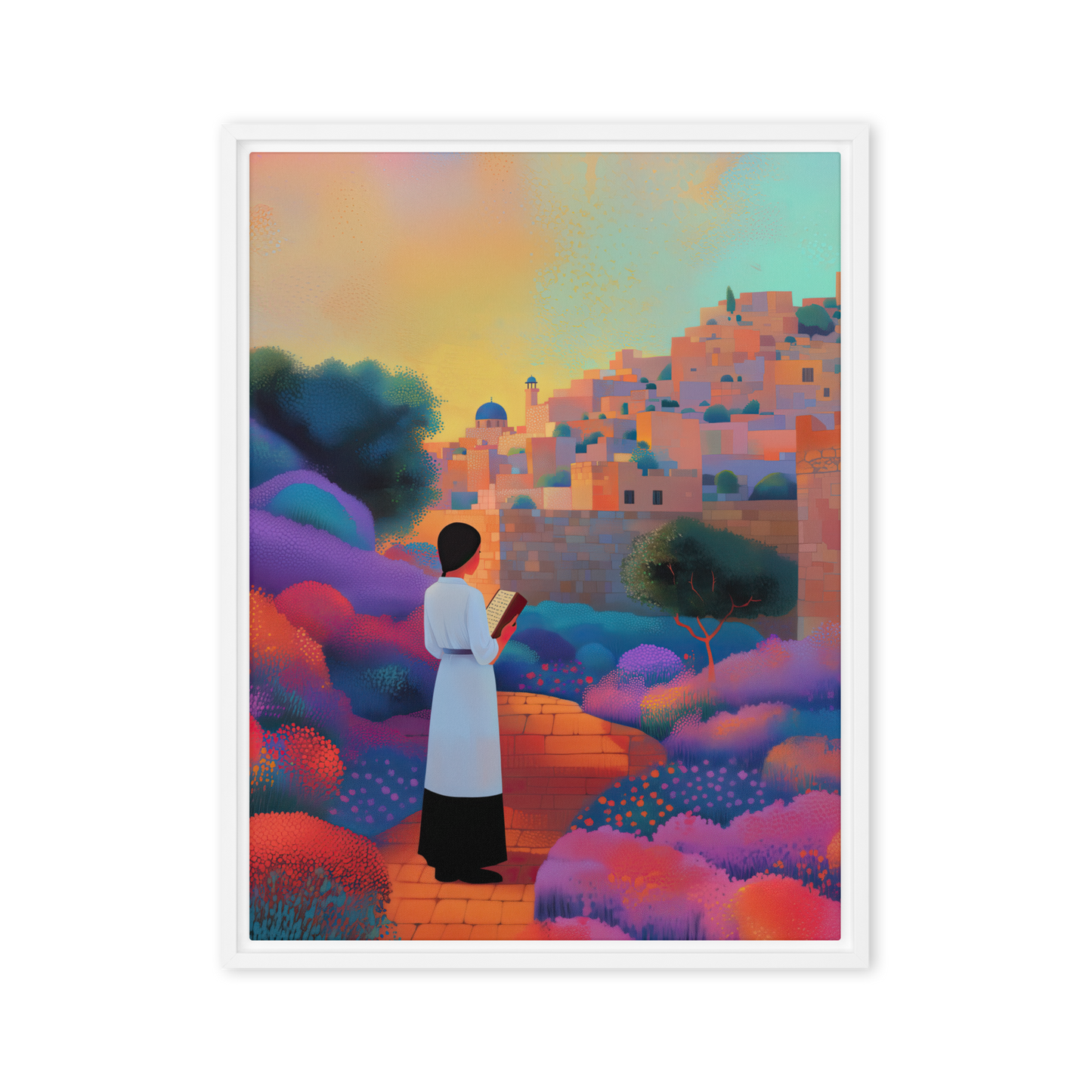 A tranquil scene of a Jewish woman praying in a lush garden near the Kotel, captured in prismatic pointillism, radiating peace and strength.