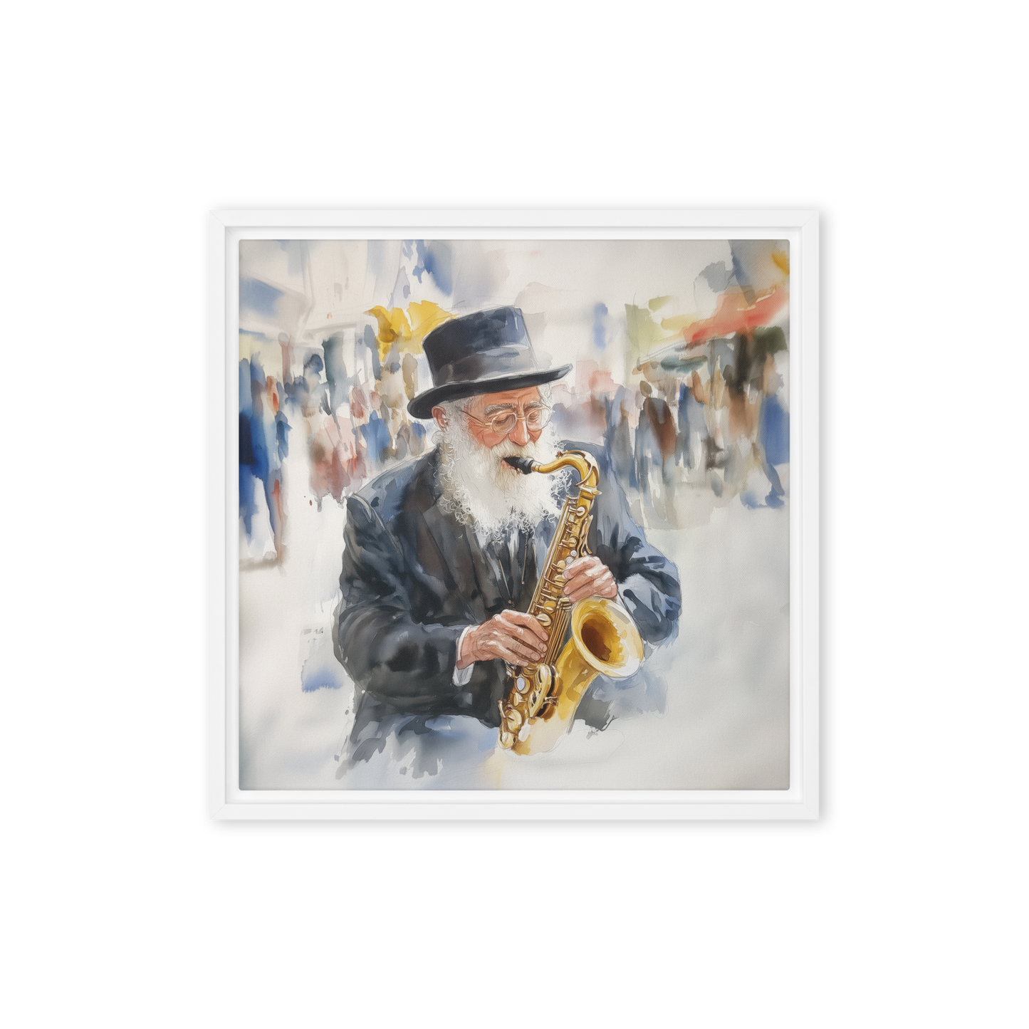 A dynamic watercolor Jewish painting depicting a rabbi playing the trumpet, blending music, faith, and artistry.