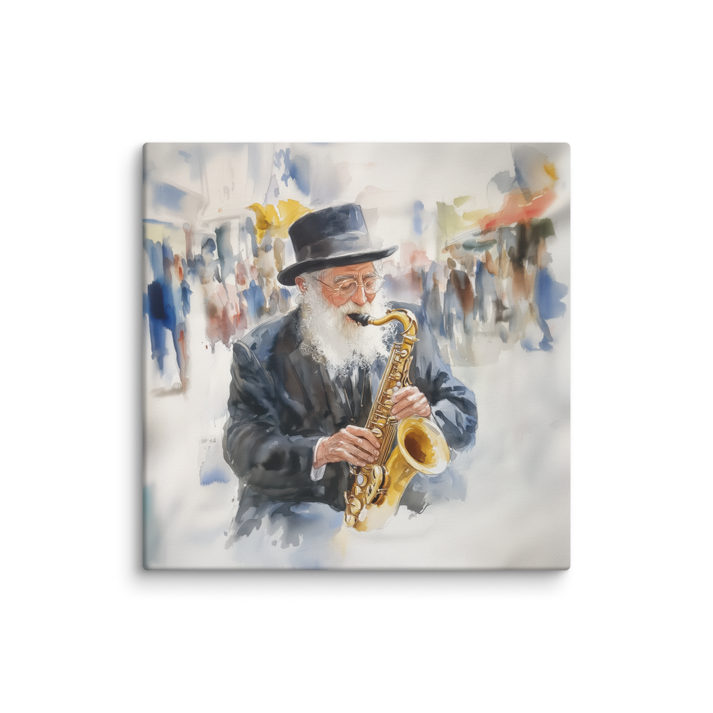 A beautiful Jewish art piece featuring a rabbi playing the trumpet in watercolor style, capturing the harmony of music and faith.