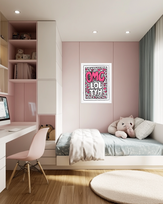 A vibrant Jewish art print titled "Grateful Vibes," featuring a girl with the text "OMG LOL TYH," blending humor and gratitude in modern Judaica.