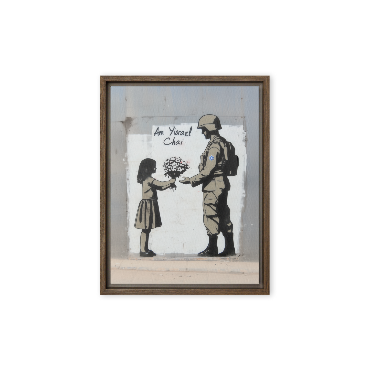 A beautiful Israeli-themed Jewish art piece, perfect for home decor, symbolizing strength and kindness through a girl and an Israeli soldier.