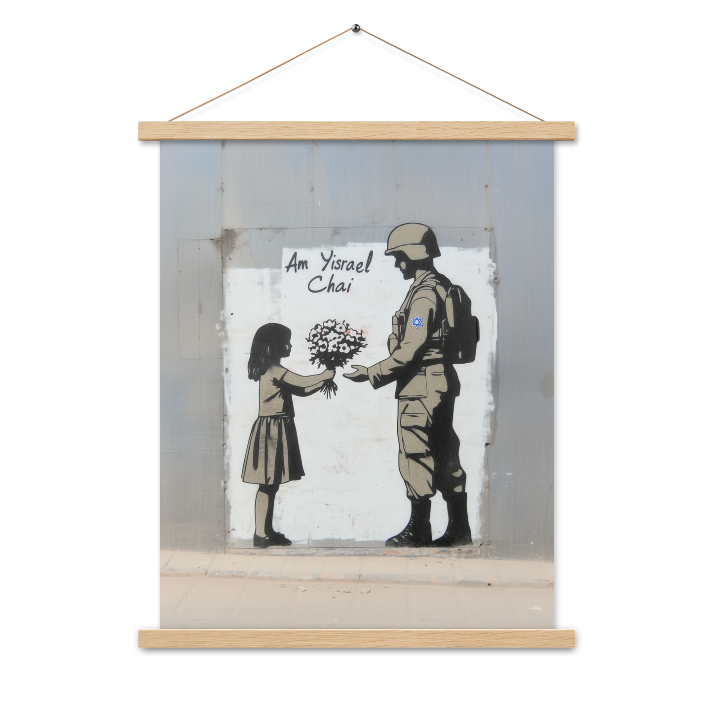 A powerful Israeli-themed artwork featuring a girl offering flowers to an Israeli soldier, bringing strength and kindness into your modern Jewish home decor.
