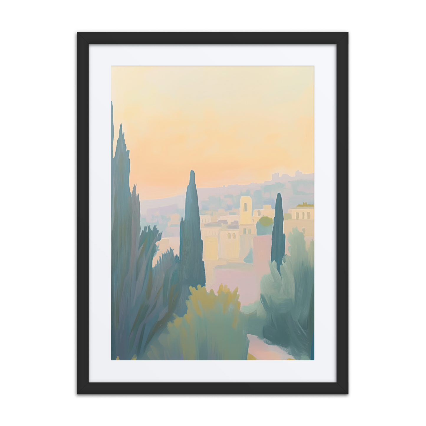 A soothing Israeli landscape artwork of a hilltop view painted in soft pastel colors, offering a peaceful and reflective atmosphere.