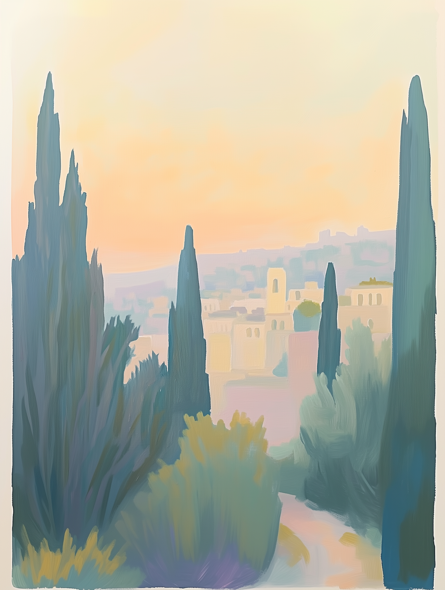 A peaceful view of Israel's hillside, painted in soft pastels, showcasing the beauty of nature and tranquility in a modern artistic style.