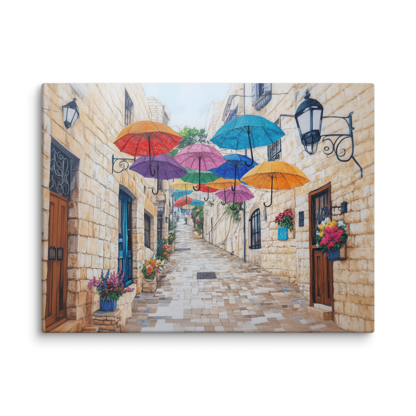 A dynamic and colorful painting of a famous Jerusalem alley, blending realism with artistic texture to celebrate Israel’s beauty.
