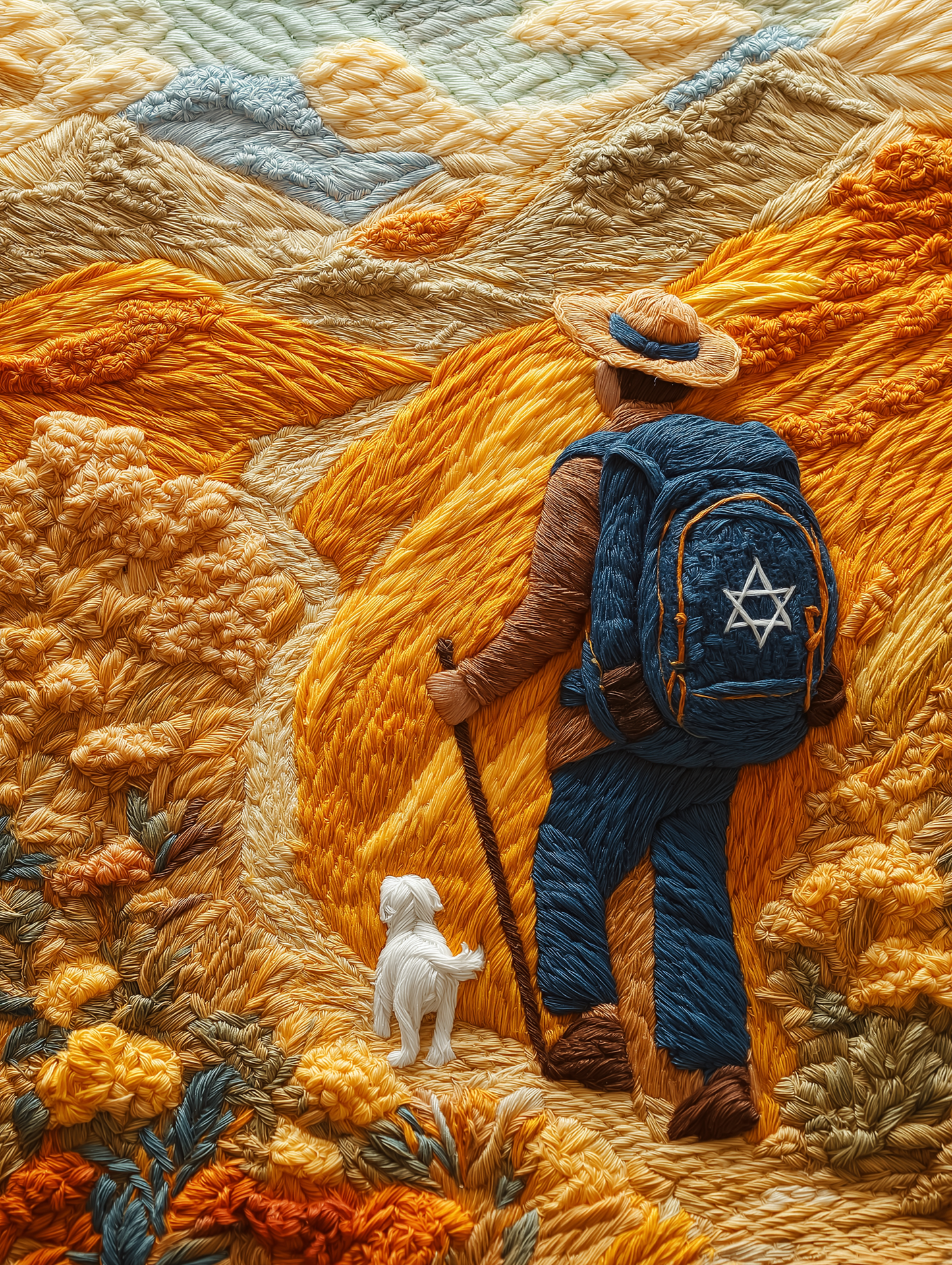 A powerful artwork of a Jewish hiker on a journey, carrying centuries of tradition and faith, symbolizing exploration and self-discovery rooted in Jewish identity.