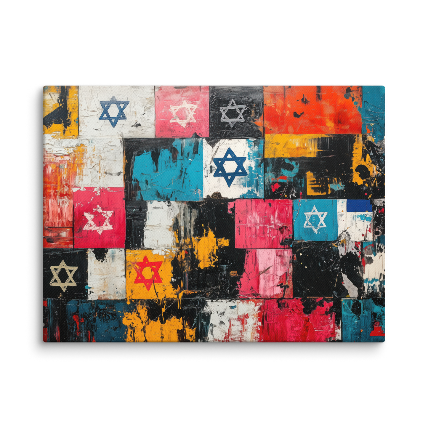 An expressive abstract artwork featuring vibrant graffiti-style Stars of David against a layered, textured background, blending modern and traditional influences.