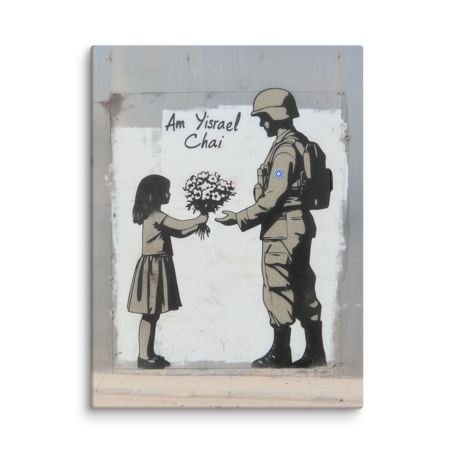 A touching piece of modern Jewish art featuring a girl offering flowers to an Israeli soldier, symbolizing strength and kindness in home decor.
