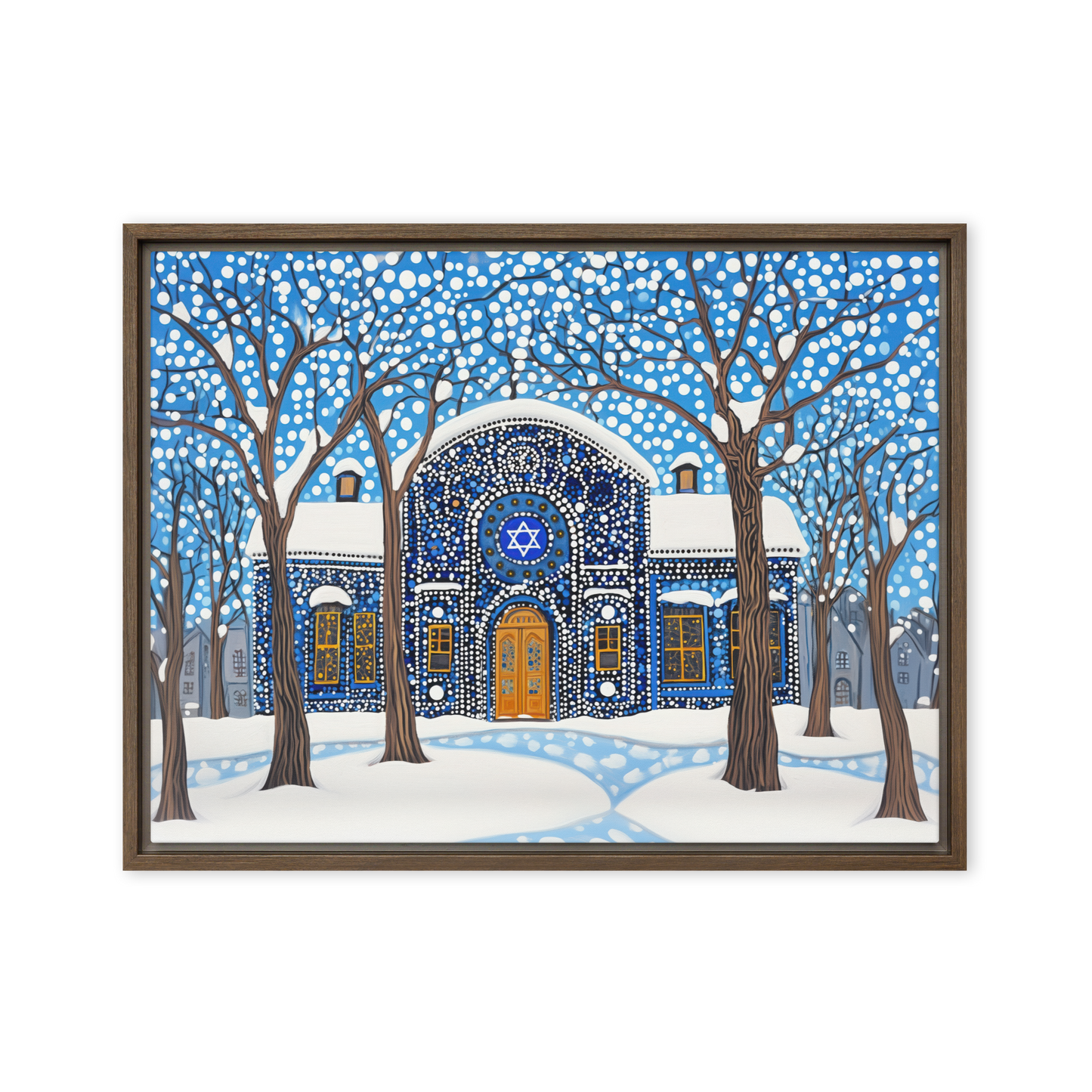 A breathtaking scene of a synagogue standing in the stillness of winter, with snowflakes falling gently around it.