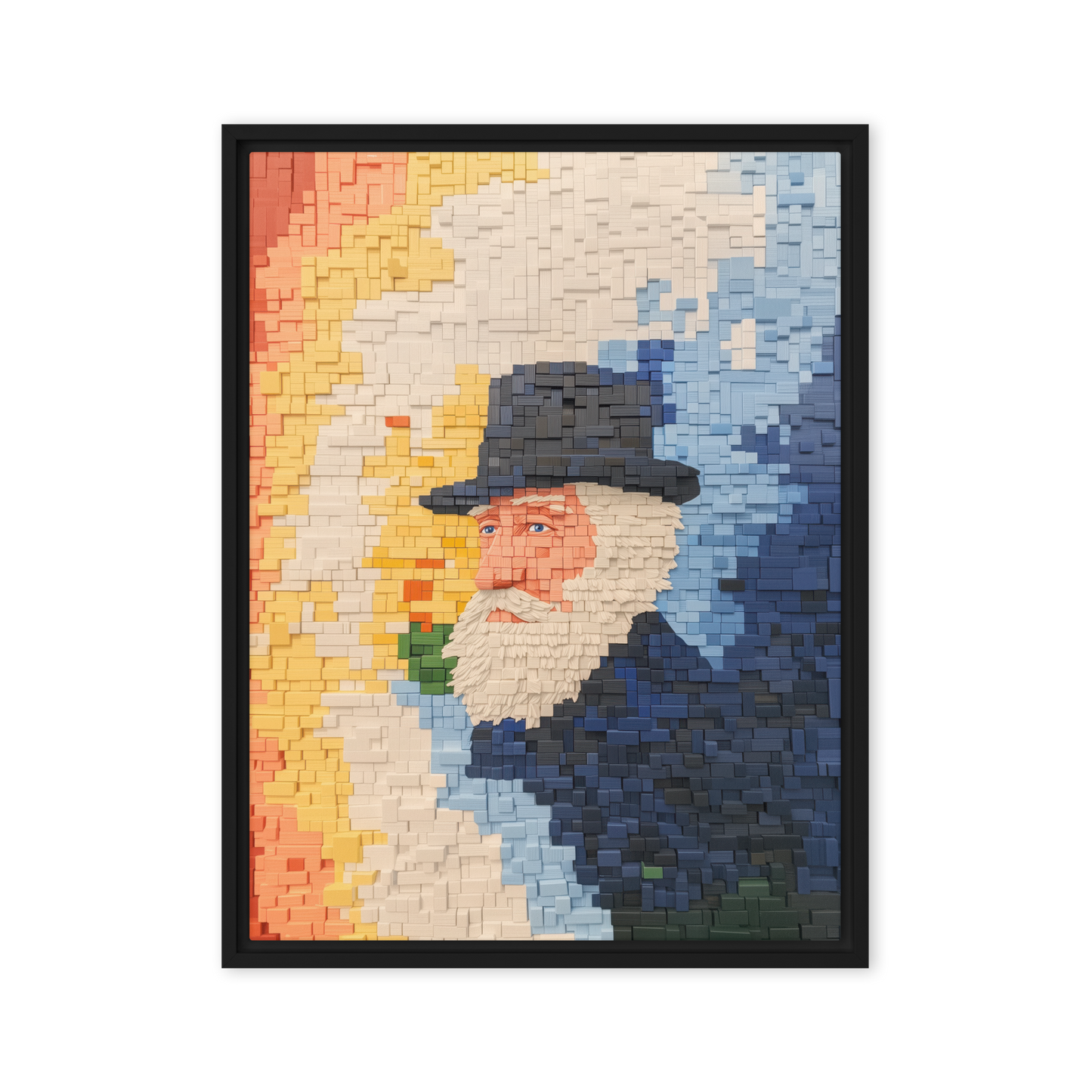 A futuristic rabbi portrait in digital block art, combining Jewish heritage with contemporary geometric design.
