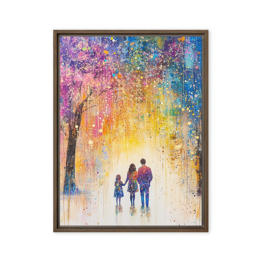 A visually striking artwork of a family walking hand in hand on Shabbos, where divine light and rich textures bring the scene to life.