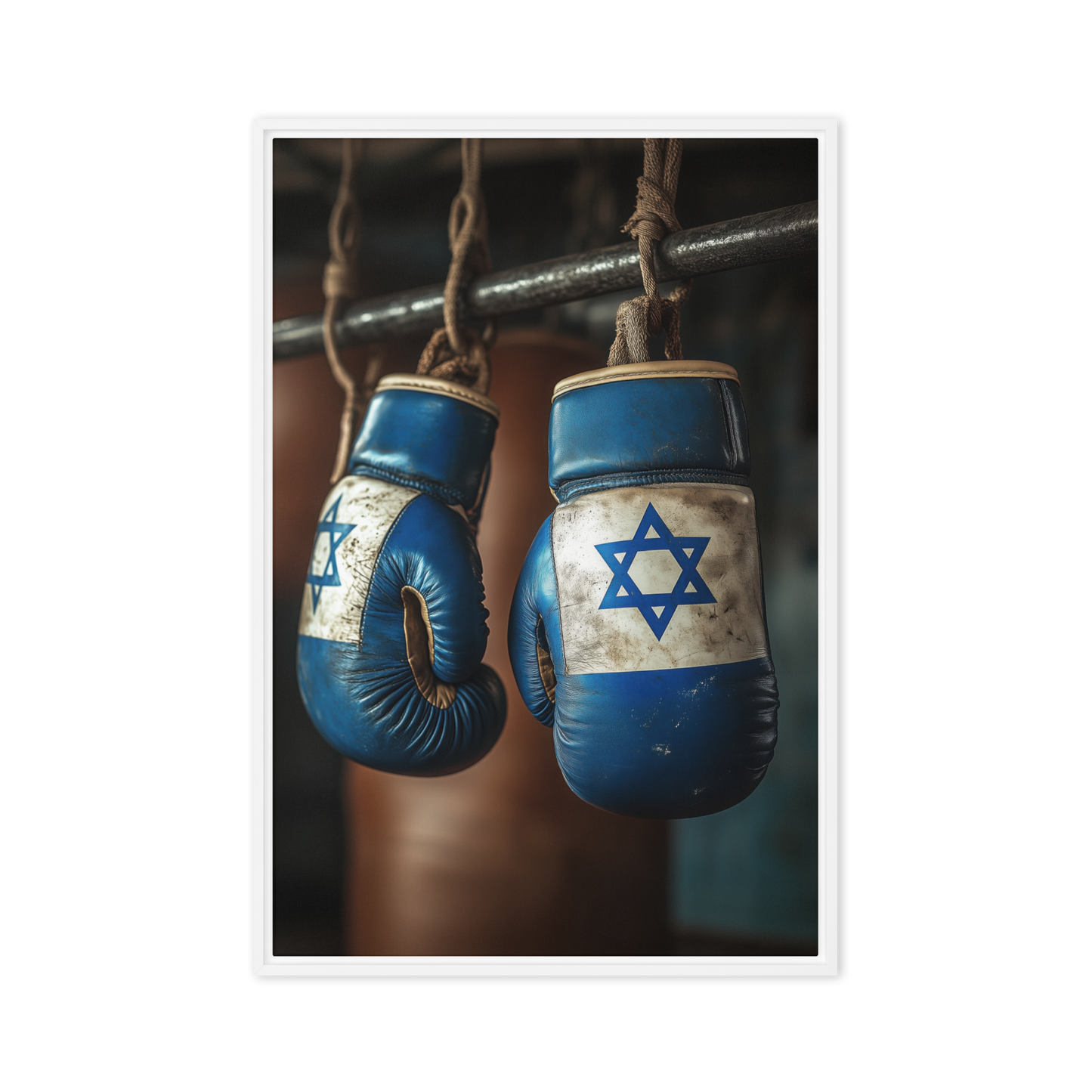 A bold and inspiring Jewish wall art print titled "Fists of Faith," portraying boxing gloves wrapped in a Star of David.
