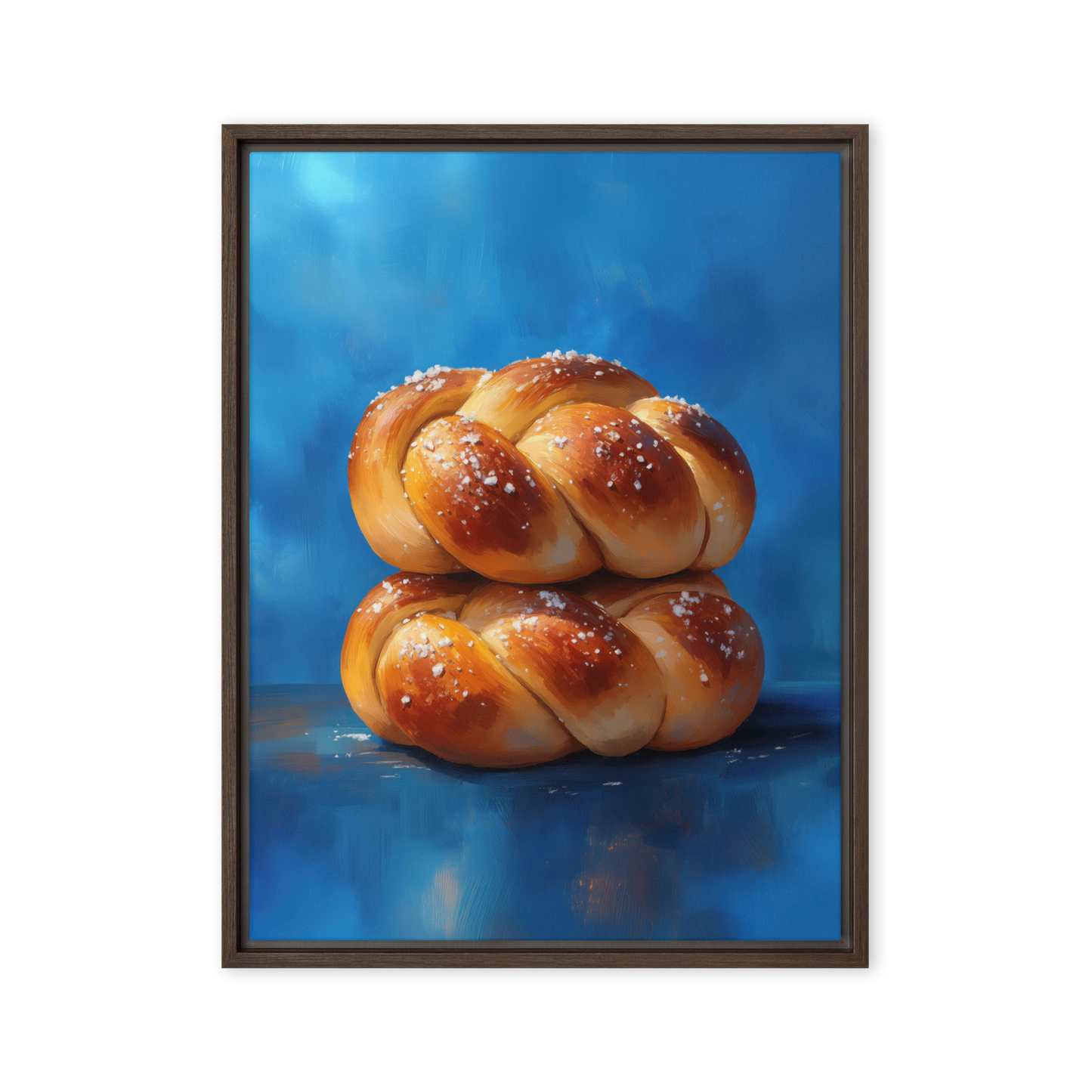 A soulful Jewish painting of two fresh challahs, bringing the essence of Shabbat tradition to life in vibrant art.