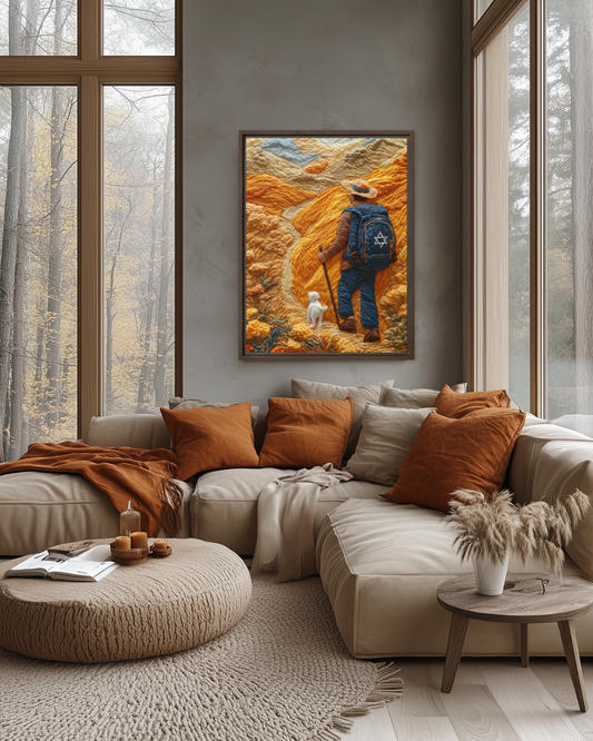 An inspiring depiction of a Jewish hiker carrying a backpack full of tradition, showcasing the journey of faith and self-exploration.