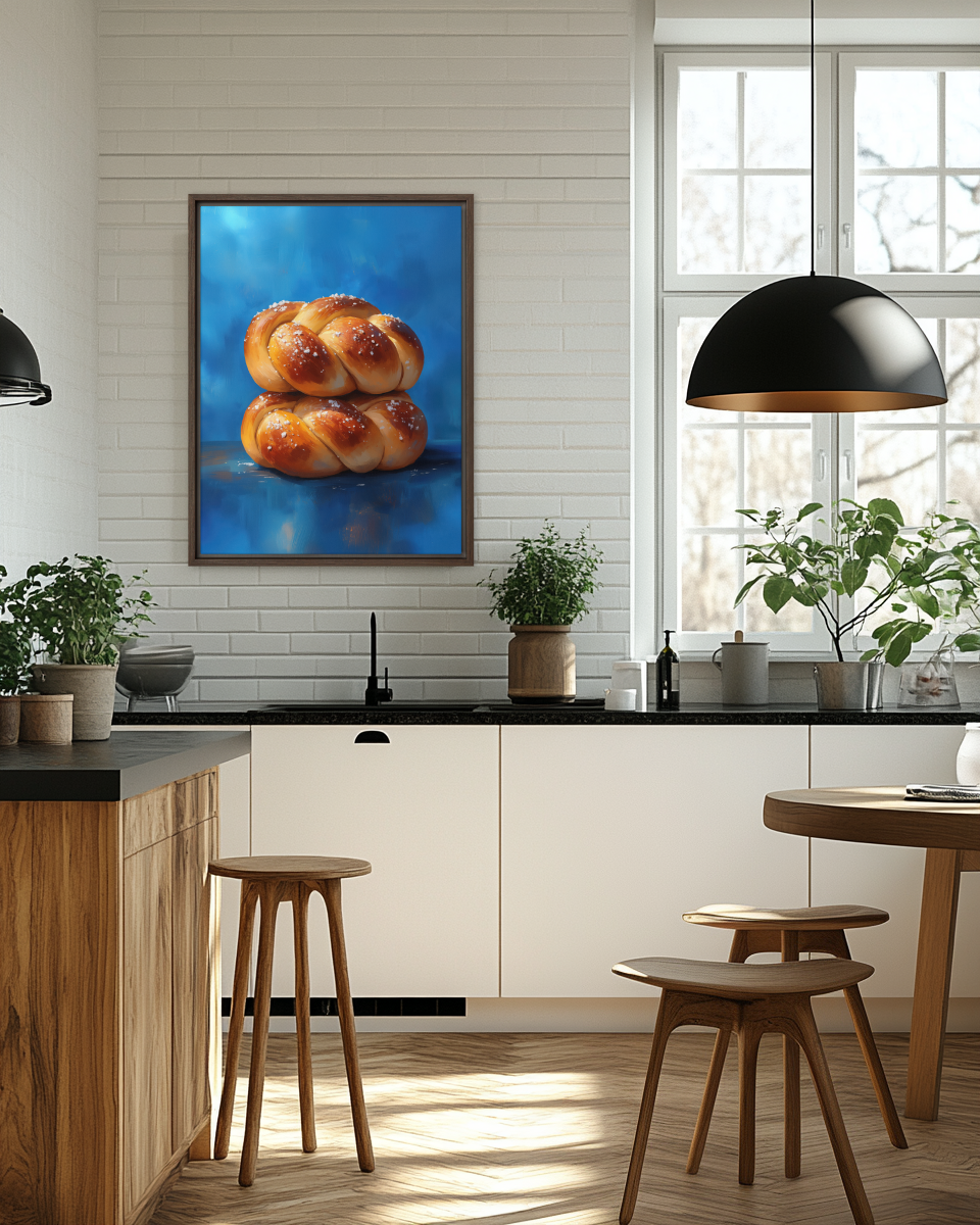 A warm and inviting Jewish artwork titled "Double Portion," showcasing two braided challahs, perfect for kitchen decor.