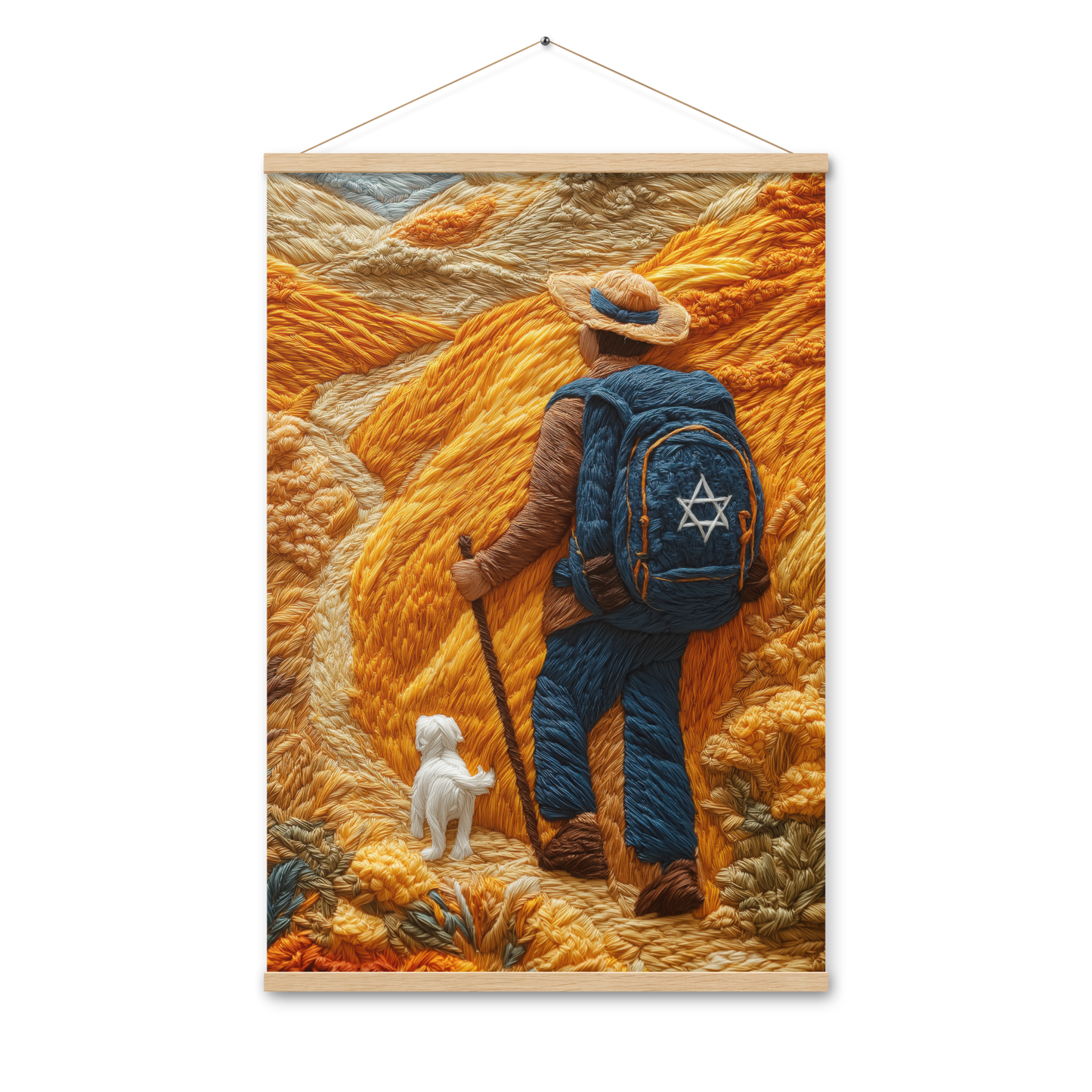 A powerful piece of Jewish art illustrating a hiker’s journey, representing the exploration of self and the deep connection to Jewish identity and heritage.